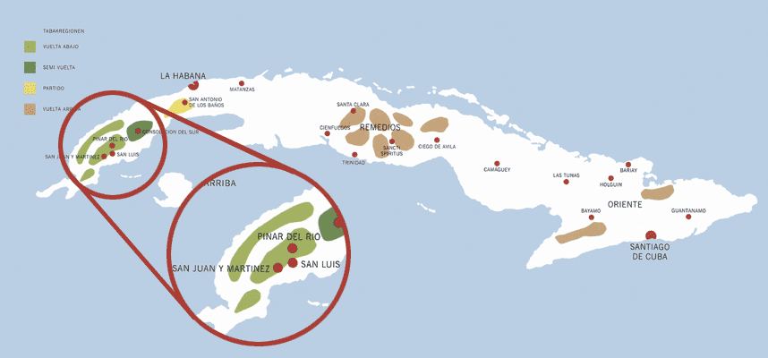 Karte mit Tabakanbaugebiet Pinar del Rio